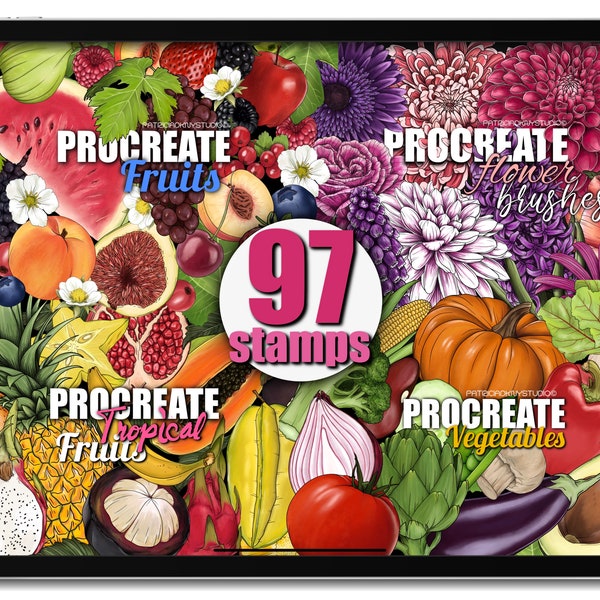 Procreate stamp brushes - Flower, fruit, vegetables brushes, high resolution iPad stamp brushes