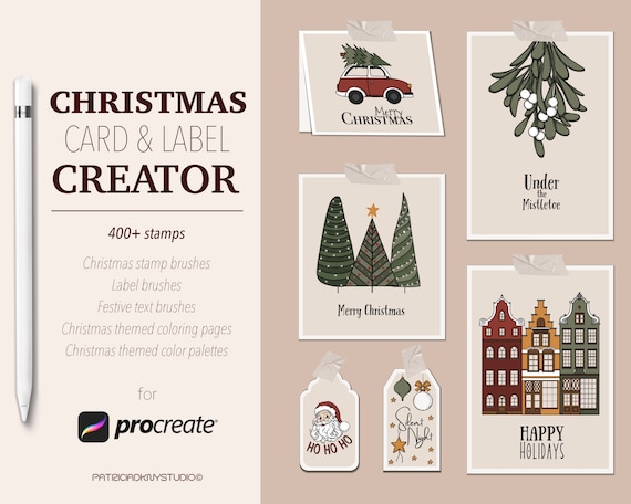 Procreate Christmas Card Creator, Christmas labels, Procreate Christmas tag stamps, winter stamp Brushes, Christmas doodles