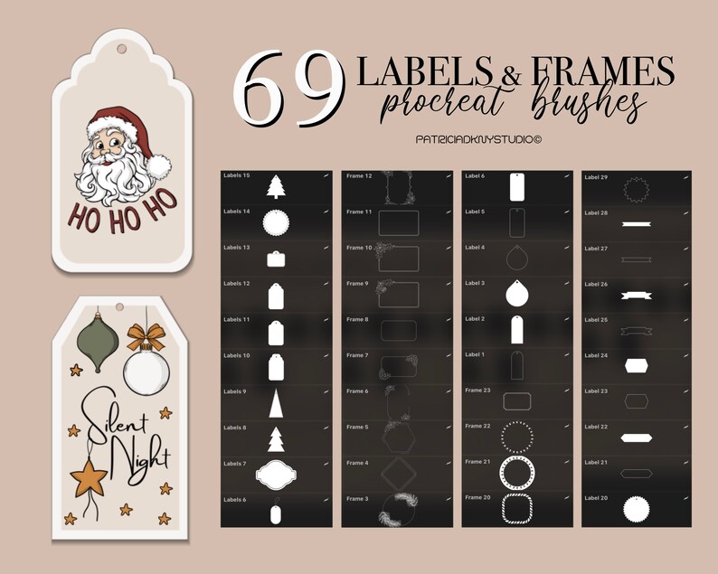 May include: A set of 69 digital Christmas-themed labels and frames for use in Procreate. The image shows two example labels with illustrations of Santa Claus and a Christmas ornament. The labels and frames are white on a black background.