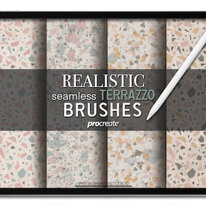 May include: A digital tablet displays a grid of eight terrazzo patterns in various colors, including pink, blue, gray, and beige. The text "REALISTIC seamless TERRAZZO BRUSHES" is overlaid on the image, along with the word "procreate" and the artist's name.