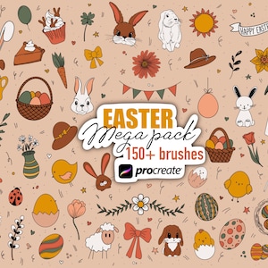 Könnte beinhalten: Ein digitaler Illustrationssatz mit Ostern-Motiven, darunter Hasen, Eier, Küken, Blumen und mehr. Das Set enthält über 150 Pinsel für die Verwendung in der Procreate-App.
