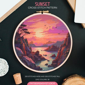Sunset cross stitch patterns PDF, pastel ocean sunrise embroidery, seaside cross stitch chart, x stitch patterns