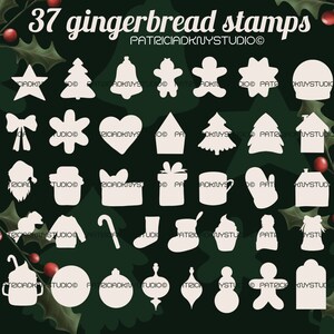 May include: A set of 37 white gingerbread cookie stamps on a dark green background with holly leaves and red berries. The stamps include a variety of shapes, including stars, trees, bells, gingerbread men, snowflakes, hearts, houses, presents, mugs, mittens, candy canes, boots, cupcakes, hats, ornaments, and a gingerbread man.