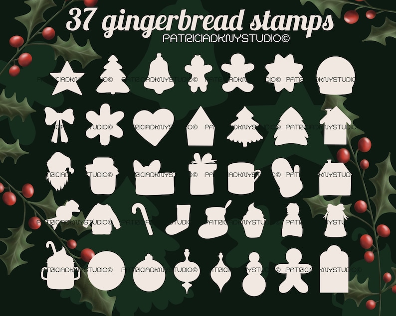 May include: A set of 37 white gingerbread cookie stamps on a dark green background with holly leaves and red berries. The stamps include a variety of shapes, including stars, trees, bells, gingerbread men, snowflakes, hearts, houses, presents, mugs, mittens, candy canes, boots, cupcakes, hats, ornaments, and a gingerbread man.