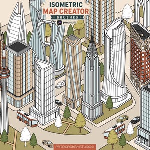 May include: An isometric digital illustration of a city map featuring various skyscrapers, including a tall needle tower, a twisted building, and a classic art deco spire. The scene includes small cars, buses, and trees, with the text ISOMETRIC MAP CREATOR BRUSHES procreate at the top and PATRICIADKNYSTUDIO at the bottom.