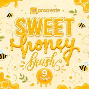 May include: A digital art design featuring the words "Sweet Honey Brush" in yellow, with a honeycomb pattern. The design includes bees, flowers, and leaves, with the Procreate logo at the top. The number "9" is displayed with the word "Brushes".