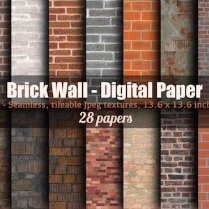 May include: A collection of 28 digital paper textures featuring brick walls in various colors and styles. The textures are seamless and tileable, making them perfect for use in digital design projects. Each texture is 4k resolution and measures 13.6 x 13.6 inches.