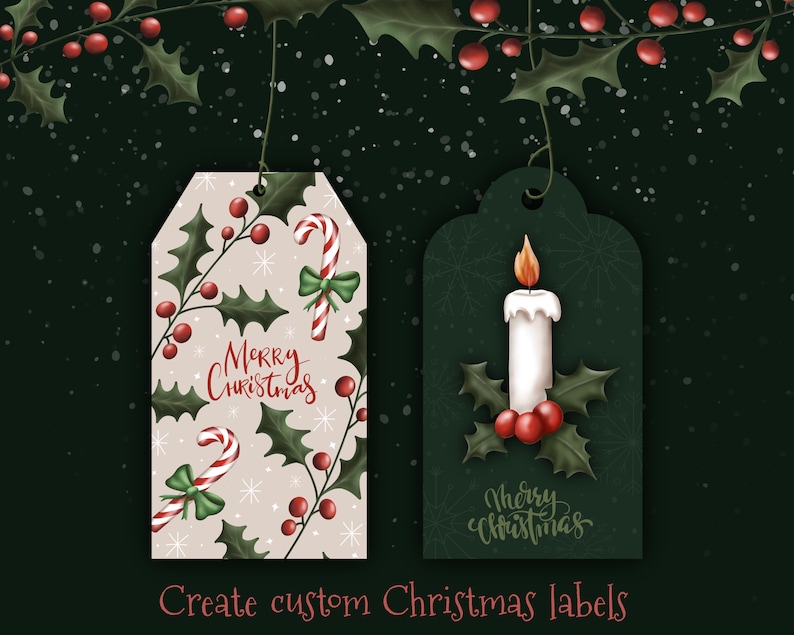 Puede incluir: Dos etiquetas de regalo de Navidad imprimibles. Una etiqueta presenta un bast&oacute;n de caramelo rojo y blanco, acebo y el texto "Feliz Navidad". La otra etiqueta presenta una vela blanca con una llama, acebo y el texto "Feliz Navidad".