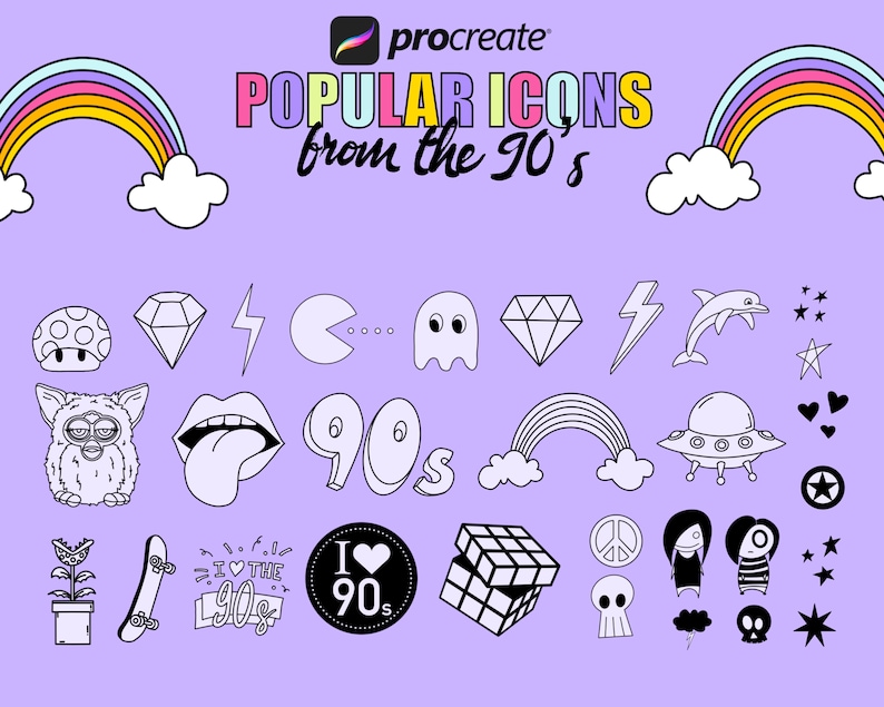 Procreate brushes, 90s icons, Procreate stamp brushes from the 2000s, old school doodles, retro, groovy brushes, 90’s sweets and games image 5