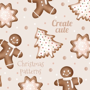 May include: A seamless pattern featuring gingerbread cookies in the shapes of stars, trees, and people. The cookies are decorated with white icing and colorful sprinkles. The background is a light beige color with white dots. The text "Create cute Christmas patterns" is included in the design.