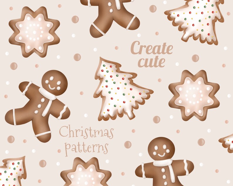 May include: A seamless pattern featuring gingerbread cookies in the shapes of stars, trees, and people. The cookies are decorated with white icing and colorful sprinkles. The background is a light beige color with white dots. The text "Create cute Christmas patterns" is included in the design.