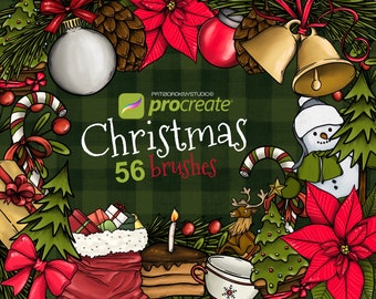 Procreate pinceles de sellos de Navidad, garabatos de Navidad, sellos de Navidad Procreate, pegatinas navideñas, pinceles de invierno, paquetes de pinceles festivos