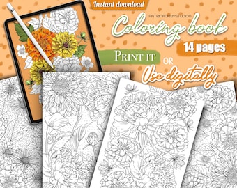 Coloring book, coloring pages for adults, summer flower digital coloring book for kids, flower coloring pages, spring flower coloring sheets