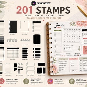 以下が含まれることがあります： Procreate用のデジタルプランナースタンプ。年間、月間、週間、毎日の計画に使える201個のモダンスタンプが含まれています。様々なプランナーブラシ、カレンダー、トラッカー、メモ用紙が含まれています。画像には、花の模様と「6月」の文字が入ったプランナーが写っています。