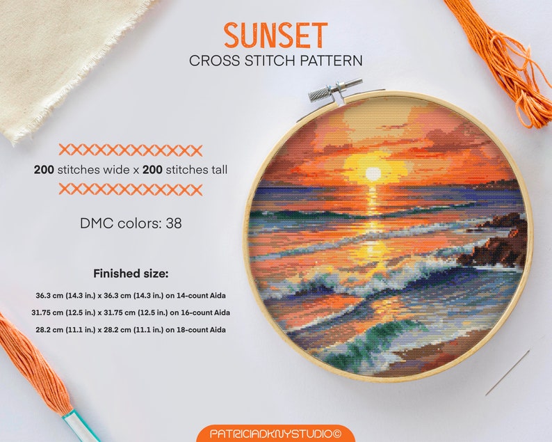Sunset Ocean Cross Stitch Pattern: Summer Beach Embroidery (PDF Pattern ...