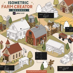 May include: An isometric digital illustration titled ISOMETRIC FARM CREATOR BRUSHES for Procreate. The image displays various farm-themed elements including a red barn, a church, a farmhouse, a tractor, a truck, trees, and fences in a line-art style.