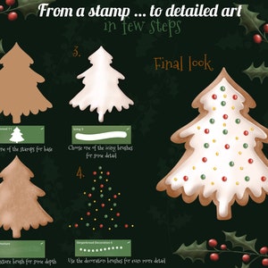 May include: A step-by-step guide on how to create a detailed gingerbread Christmas tree illustration using digital art tools. The image shows four stages of the process, starting with a basic gingerbread stamp and ending with a fully decorated tree with red, green, and yellow sprinkles.