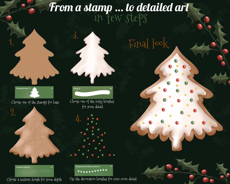 May include: A step-by-step guide on how to create a detailed gingerbread Christmas tree illustration using digital art tools. The image shows four stages of the process, starting with a basic gingerbread stamp and ending with a fully decorated tree with red, green, and yellow sprinkles.