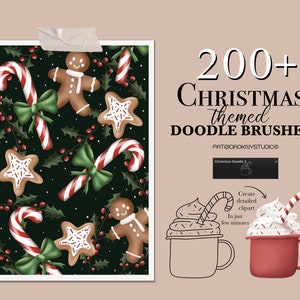 May include: A digital illustration of 200+ Christmas themed doodle brushes. The image shows a pattern of candy canes, gingerbread men, holly, and stars on a dark green background. The text "200+ Christmas themed DOODLE BRUSHES" is displayed in white text on a light brown background.