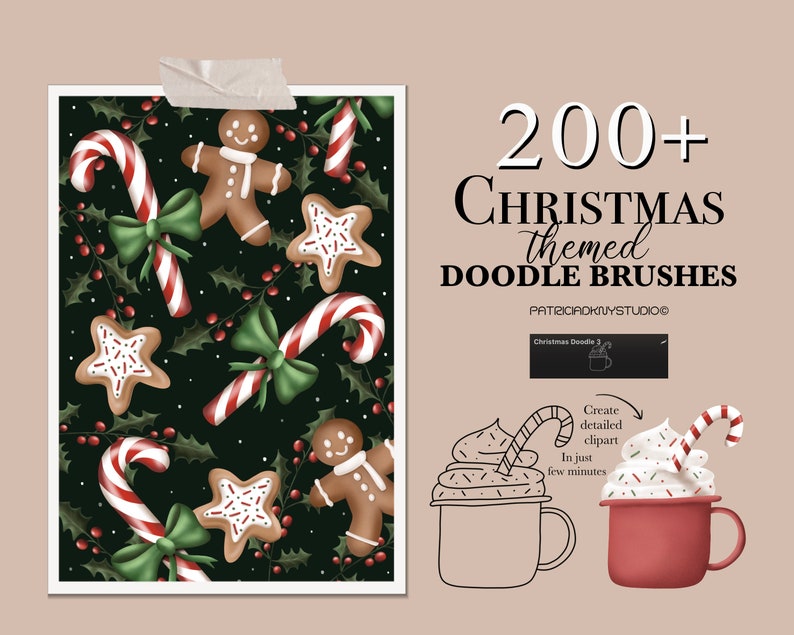 May include: A digital illustration of 200+ Christmas themed doodle brushes. The image shows a pattern of candy canes, gingerbread men, holly, and stars on a dark green background. The text "200+ Christmas themed DOODLE BRUSHES" is displayed in white text on a light brown background.