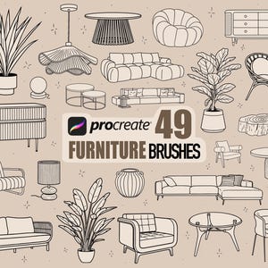 Könnte beinhalten: Schwarz-Weiß-Illustrationen verschiedener Möbelstücke, darunter Sofas, Stühle, Tische, Lampen und Pflanzen. Der Text "procreate 49 FURNITURE BRUSHES" ist ebenfalls enthalten, was auf ein digitales Kunst-Asset hinweist.