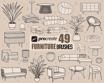 Puede incluir: Ilustraciones en blanco y negro de varios muebles, como sofás, sillas, mesas, lámparas y plantas. La imagen incluye el texto "procreate 49 FURNITURE BRUSHES", lo que sugiere un activo de arte digital para diseño.