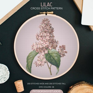 Flieder Kreuzstichmuster PDF, botanische Stickerei, Blumen Kreuzstichvorlage, x Stickmuster