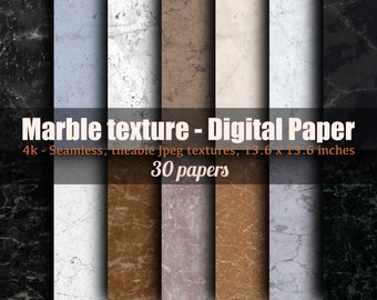 May include: A set of 30 digital paper textures featuring various marble patterns in different colors, including black, white, brown, and gray. The textures are seamless and tileable, making them ideal for use in digital design projects. Each texture is 4k resolution and measures 13.6 x 13.6 inches.