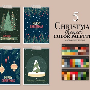 May include: Five Christmas themed color palettes with a variety of colors, including red, green, blue, and white. The palettes are displayed on a light brown background. The text "5 Christmas themed COLOR PALETTES" is displayed in black text at the top of the image. The text "PATRICIADKUYSTUDIO" is displayed in black text below the main text. The text "Xmas", "Christmas Cards", and "Christmas" are displayed in black text above each color palette.
