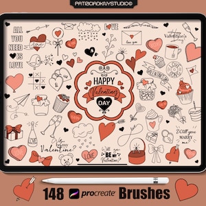 Peut inclure: Une tablette numérique présente des illustrations sur le thème de la Saint-Valentin, avec des cœurs, des flèches et des cupcakes. Le texte "Happy Valentine's Day" et "148 Procreate Brushes" est également affiché. Le design est rouge, noir et beige.