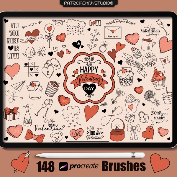 148 Valentine’s Day Procreate stamp brushes, Valentine’s Day heart brushes, label stamps, Valentines doodles, Valentine’s stickers