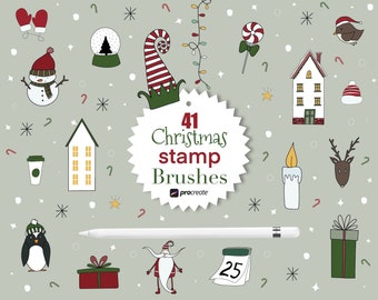May include: A set of 41 Christmas stamp brushes for Procreate, featuring illustrations of a snowman, a penguin, a house, a reindeer, a candle, a candy cane, a Christmas stocking, a gift box, a Christmas tree, a snow globe, a Santa Claus, a Christmas elf, a Christmas calendar, and a cup of coffee.