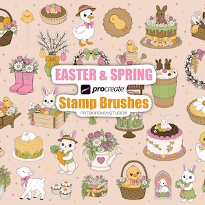 May include: A collection of Easter and Spring-themed digital stamp brushes. The image features various illustrations, including Easter eggs, bunnies, chicks, cakes, baskets, and floral arrangements. The text on the image says "Easter & Spring Stamp Brushes".