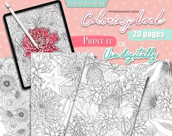 Coloring book, coloring pages for adults, digital coloring book for kids, flower colouring pages