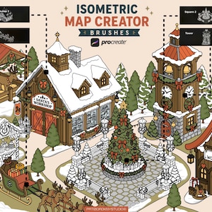 Procreate Isometric Christmas Village Creator-penslar, Holiday Map Builder, julillustrationer, festlig vinterstad