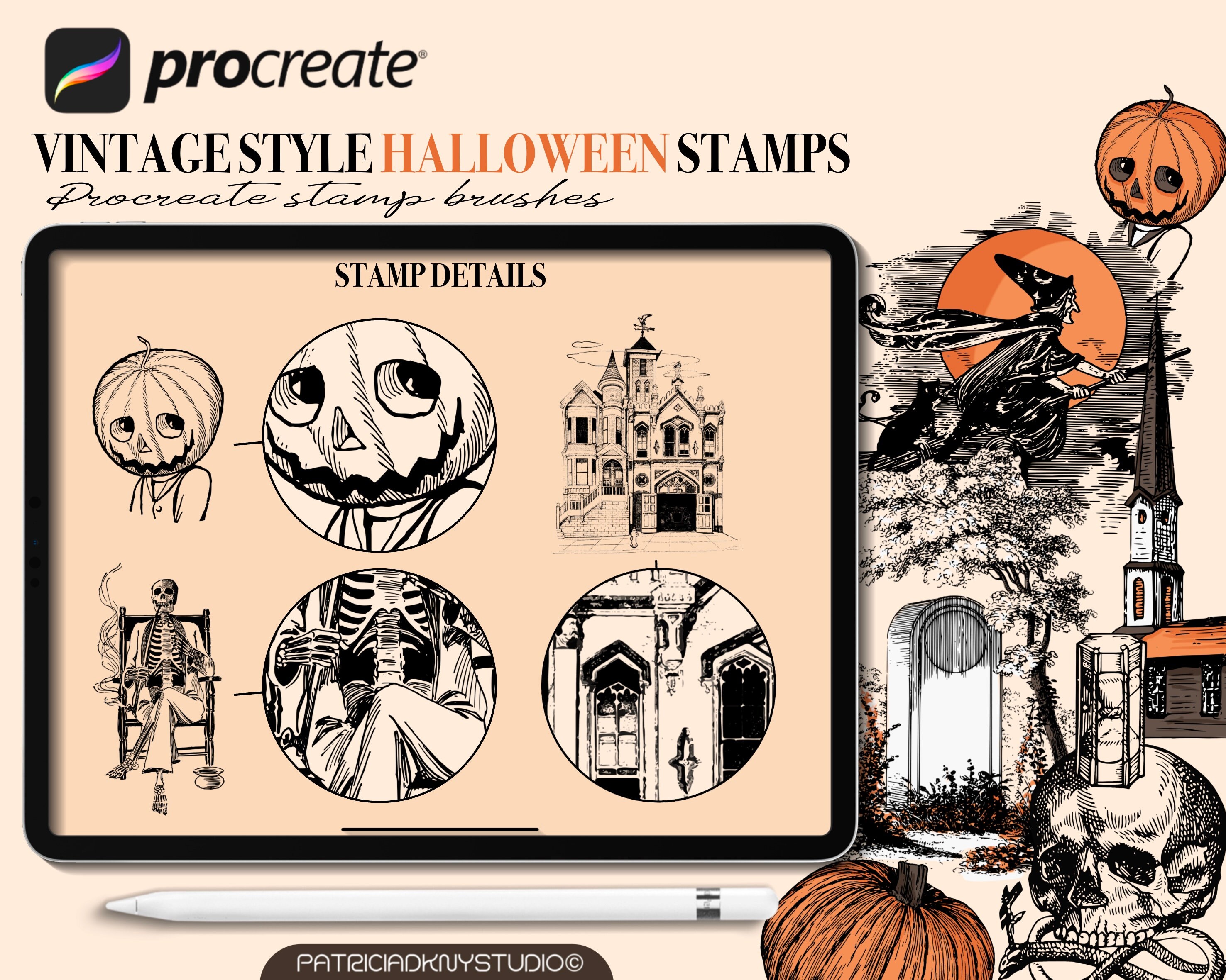Vintage Style Halloween Procreate Stamp Brushes, Vintage Ink Stamps ...