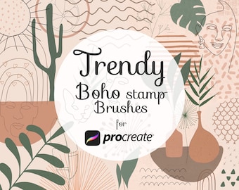 May include: A set of trendy boho stamp brushes for Procreate, featuring a variety of abstract shapes, patterns, and textures in a warm color palette.