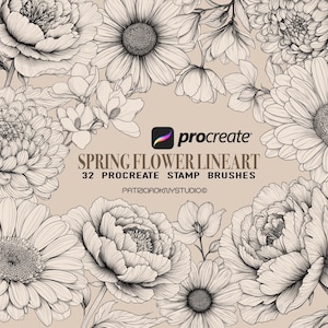 May include: A set of 32 Procreate stamp brushes featuring line art illustrations of spring flowers. The brushes are designed for use with the Procreate app on iPad.