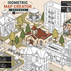 Puede incluir: Ilustración de un creador de mapas isométricos que representa una ciudad con una oficina de correos, una iglesia, un restaurante, una farmacia y un cine. Incluye el texto "ISOMETRIC MAP CREATOR BRUSHES Procreate".
