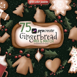 May include: 75 gingerbread illustrations for Procreate, featuring a mix and match design. The illustrations include gingerbread people, houses, trees, ornaments, and more. The illustrations are in a brown and white color scheme and are perfect for creating festive designs.
