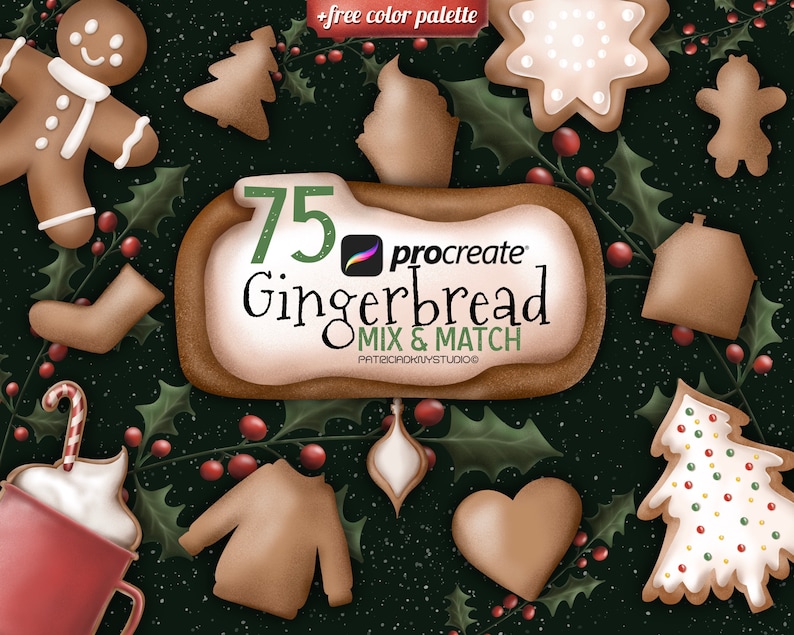May include: 75 gingerbread illustrations for Procreate, featuring a mix and match design. The illustrations include gingerbread people, houses, trees, ornaments, and more. The illustrations are in a brown and white color scheme and are perfect for creating festive designs.