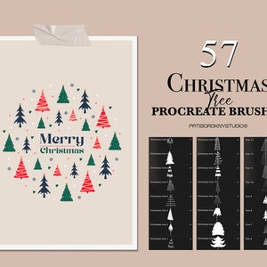 May include: A set of 57 digital Christmas tree Procreate brushes. The image shows a preview of the brushes, with a variety of tree styles, and a sample design featuring a circle of Christmas trees with the text "Merry Christmas".