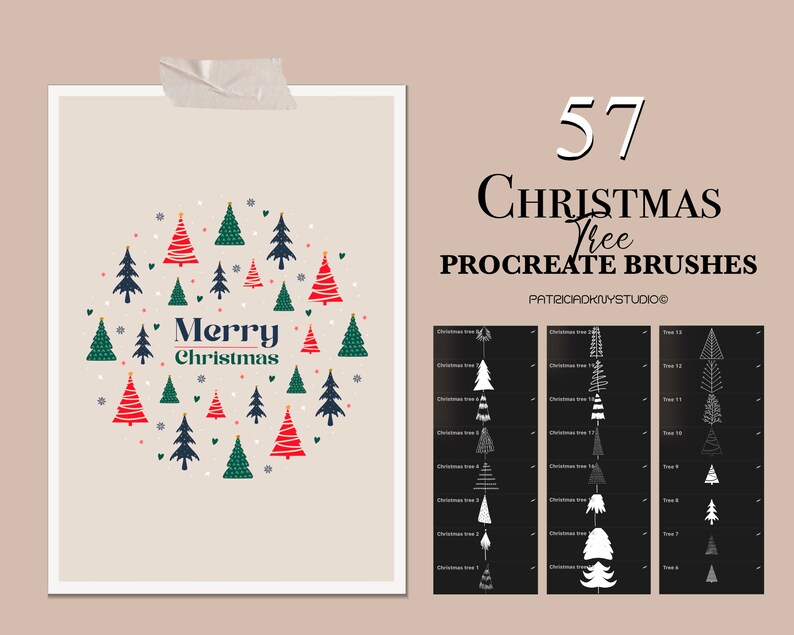 May include: A set of 57 digital Christmas tree Procreate brushes. The image shows a preview of the brushes, with a variety of tree styles, and a sample design featuring a circle of Christmas trees with the text "Merry Christmas".