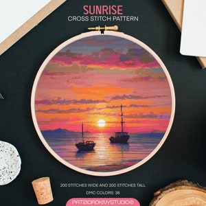 Patrones de punto de cruz de amanecer PDF, bordado de atardecer junto al mar de verano, gráfico de punto de cruz del océano, patrones de puntada x