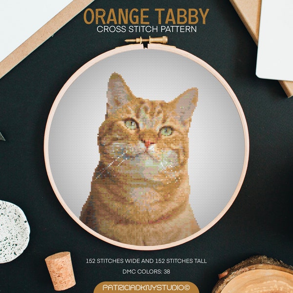 Orange tabby cat cross stitch patterns PDF, cat embroidery, animal cross stitch chart, Tabby cat x stitch patterns