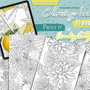 Coloring book, coloring pages for adults, citrus digital coloring book for kids, flower coloring pages, lemon coloring book