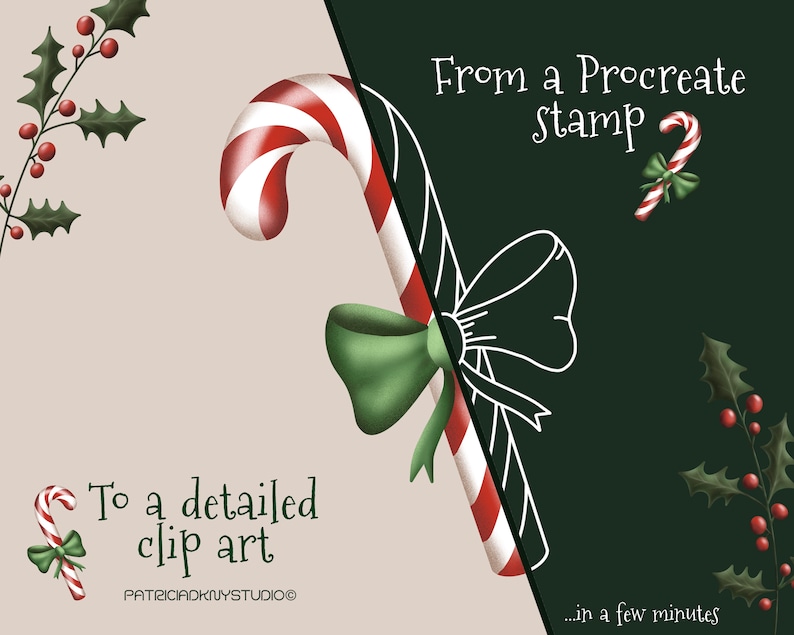 Puede incluir: Una ilustraci&oacute;n digital que muestra c&oacute;mo un simple sello de bast&oacute;n de caramelo en Procreate se puede transformar en una imagen de clip art detallada. La imagen muestra un bast&oacute;n de caramelo rojo y blanco con un lazo verde en un lado y un contorno en blanco y negro del bast&oacute;n de caramelo con un lazo en el otro lado. El texto "From a Procreate stamp" y "To a detailed clip art" est&aacute; incluido en la imagen.