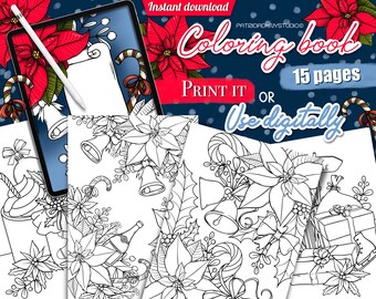 May include: A digital coloring book with 15 pages featuring Christmas-themed illustrations. The cover shows a poinsettia flower, candy canes, and bells. The text on the cover reads "Instant download Coloring book 15 pages Print it or Use digitally".
