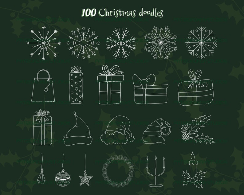 Puede incluir: Una colecci&oacute;n de 100 garabatos navide&ntilde;os blancos sobre un fondo verde oscuro. Los garabatos incluyen copos de nieve, cajas de regalo, adornos, una media, una corona, una vela y una bolsa de compras.