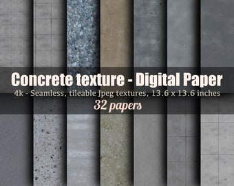 May include: A collection of 32 seamless, tileable concrete textures in JPEG format. Each texture is 4,000 pixels by 4,000 pixels and measures 13.6 inches by 13.6 inches. The textures feature a variety of concrete finishes, including smooth, rough, and textured.